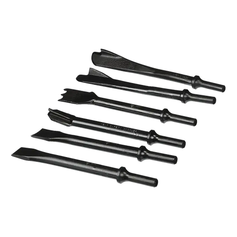 Black pneumatic air chisel set with seven chisels for exhaust service and pipe cutting