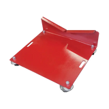 Red metal Merrick engine dolly with swivel casters for engine transmission combo