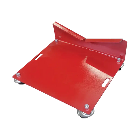 Red metal Merrick engine dolly with swivel casters for engine transmission combo