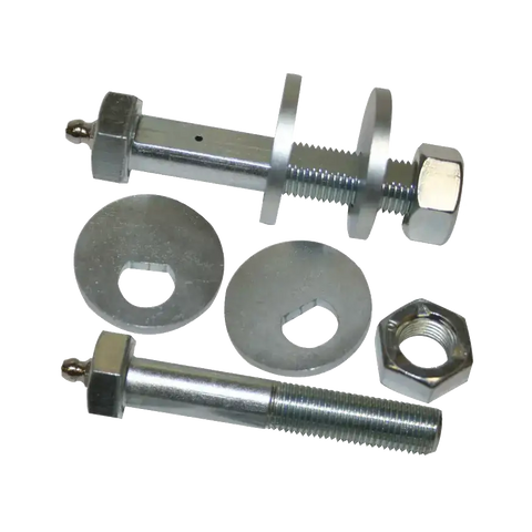 Silver-colored greaseable cam bolts and washers for Kia Northstar rear cam bolt pair