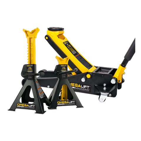 Yellow and black Omega 3-ton low profile magic lift floor jack with stands