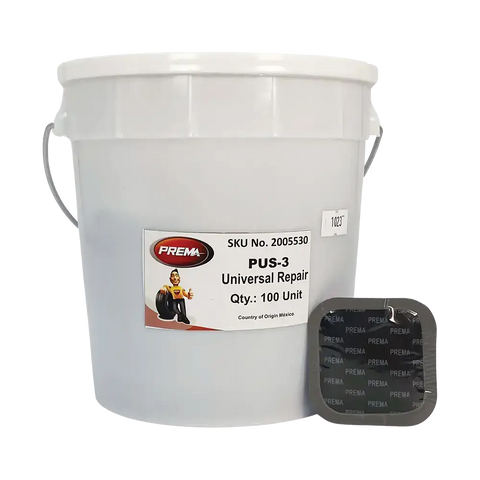 White bucket of Prema PUS-3 tire repair patches for repair unit patch needs