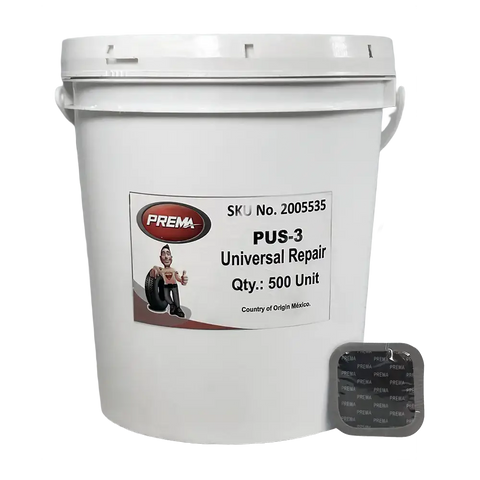 White bucket with 500 Prema PUS-3 tire repair patches for quick tire repair