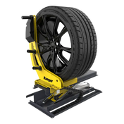 Yellow black Ranger RWL175 tire balancer with lug bolt flange holding black wheel