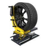 Yellow black Ranger RWL175 tire balancer with lug bolt flange holding black wheel