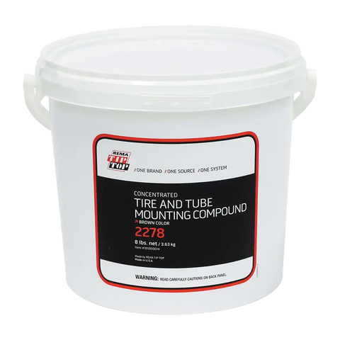 White bucket of Rema 2278 concentrated tire mounting compound for rubber tires