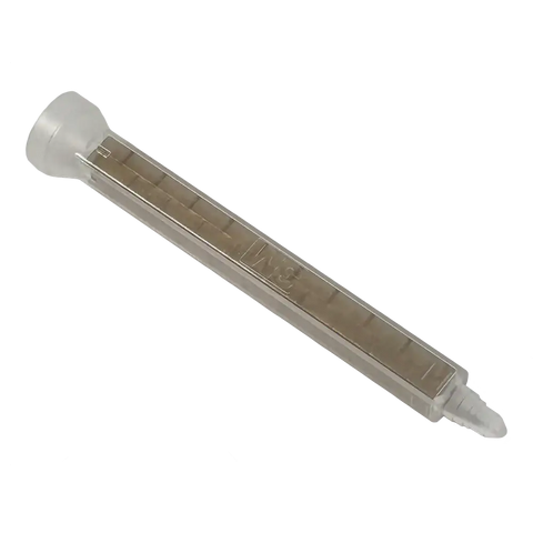 Transparent plastic syringe with silver rema GOO disposable mixing tip inside