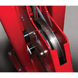 Red machinery with metal pulley and cable on Rotary 16K open front alignment lift