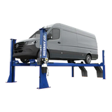 Blue four-post rotary alignment lift with gray van on open front alignment lift