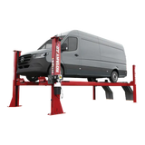 Red four-post alignment lift for vehicle servicing, Rotary lift with open front design