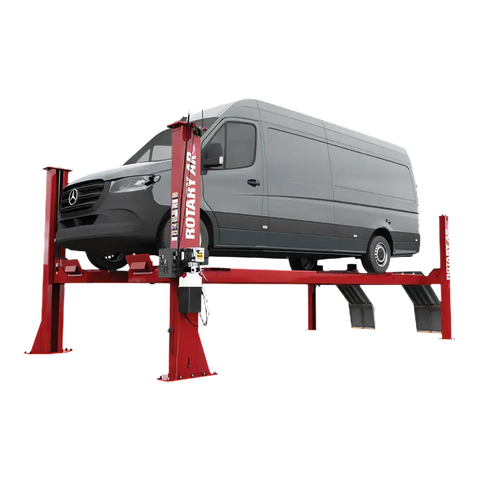 Red four-post alignment lift for vehicle servicing, Rotary lift with open front design