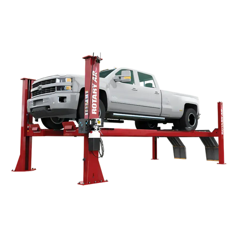 Red Rotary 16K 4-Post Alignment Lift with open front design and truck on it