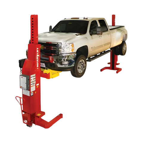 Red Rotary 36K mobile column lift elevating white pickup for fleet maintenance
