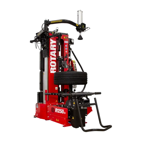 Red Rotary R1250 Leverless Tire Changer with mounted tire for R1200 changing tasks