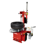 Red Rotary R144i swing arm tire changer with black rubber tire on platform