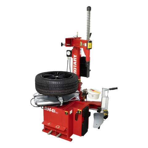 Red Rotary R144i swing arm tire changer with black rubber tire on platform