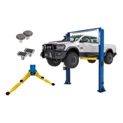Rotary SPO12-AV lift elevating white pickup with 5in stack adapters