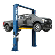Blue Rotary SPO16-AV symmetric 2-post lift with automatic arm restraints hoisting gray Ford F-250