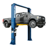 Blue Rotary SPO16-AV symmetric 2-post lift with automatic arm restraints hoisting gray Ford F-250