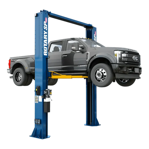 Blue Rotary SPO16-AV symmetric 2-post lift with automatic arm restraints hoisting gray Ford F-250