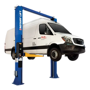Blue Rotary SPO16-AV symmetric 2-post lift with ALI Gold Certified cargo arms holding white van