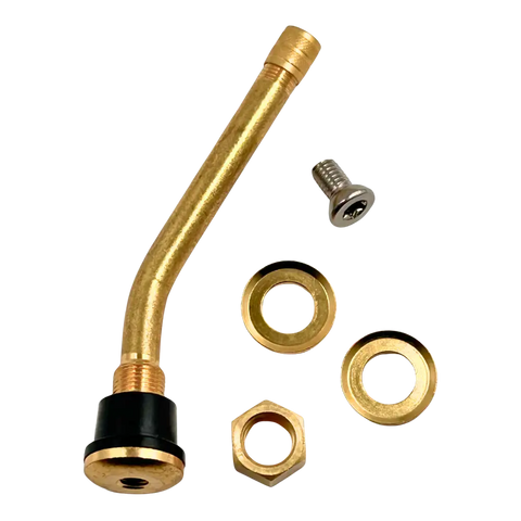 Gold Schrader 57010 heavy-duty TPMS valve stem with cap and hardware