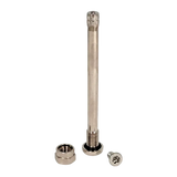 Silver thru-axle with threaded ends and hex nut for clamp-in TPMS valve hole