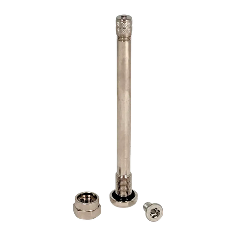 Silver thru-axle with threaded ends and hex nut for clamp-in TPMS valve hole