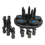 Black 5-lug speedplate camera head with blue inserts for wheel balancer adapter