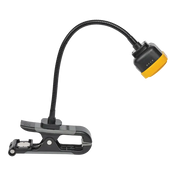 Black gooseneck LED rechargeable clamp-on work lamp with yellow base for tire repair process